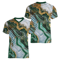 Polynesian Tribal Tattoo Women V-Neck T-Shirt Green Marble Pattern