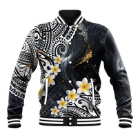 Polynesian Tribal Tattoo Baseball Jacket Plumeria Black Gold Marble Pattern