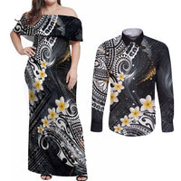 Polynesian Tribal Tattoo Couples Matching Off Shoulder Maxi Dress and Long Sleeve Button Shirt Plumeria Black Gold Marble Pattern