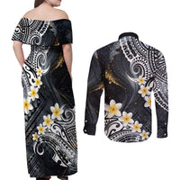 Polynesian Tribal Tattoo Couples Matching Off Shoulder Maxi Dress and Long Sleeve Button Shirt Plumeria Black Gold Marble Pattern