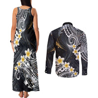 Polynesian Tribal Tattoo Couples Matching Tank Maxi Dress and Long Sleeve Button Shirt Plumeria Black Gold Marble Pattern