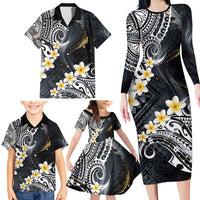 Polynesian Tribal Tattoo Family Matching Long Sleeve Bodycon Dress and Hawaiian Shirt Plumeria Black Gold Marble Pattern LT9 - Polynesian Pride