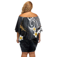 Polynesian Tribal Tattoo Family Matching Off Shoulder Short Dress and Hawaiian Shirt Plumeria Black Gold Marble Pattern LT9 - Polynesian Pride