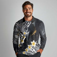Polynesian Tribal Tattoo Long Sleeve Polo Shirt Plumeria Black Gold Marble Pattern