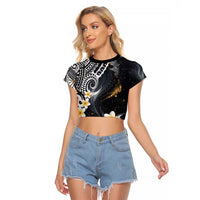Polynesian Tribal Tattoo Raglan Cropped T Shirt Plumeria Black Gold Marble Pattern