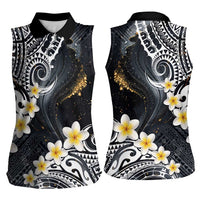 Polynesian Tribal Tattoo Women Sleeveless Polo Shirt Plumeria Black Gold Marble Pattern