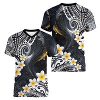 Polynesian Tribal Tattoo Women V-Neck T-Shirt Plumeria Black Gold Marble Pattern