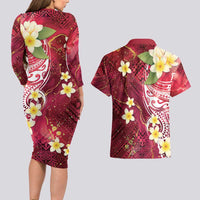 Polynesian Tribal Tattoo Couples Matching Long Sleeve Bodycon Dress and Hawaiian Shirt Plumeria Blood Red and Gold Marble Pattern LT9 - Polynesian Pride