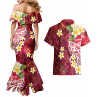Polynesian Tribal Tattoo Couples Matching Mermaid Dress and Hawaiian Shirt Plumeria Blood Red and Gold Marble Pattern LT9 - Polynesian Pride