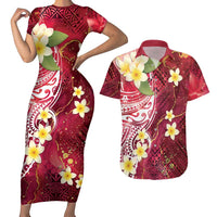 Polynesian Tribal Tattoo Couples Matching Short Sleeve Bodycon Dress and Hawaiian Shirt Plumeria Blood Red and Gold Marble Pattern LT9 Red - Polynesian Pride