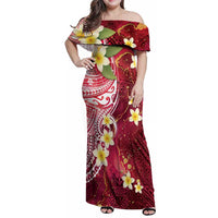 Polynesian Tribal Tattoo Family Matching Off Shoulder Maxi Dress and Hawaiian Shirt Plumeria Blood Red and Gold Marble Pattern LT9 Mom's Dress Red - Polynesian Pride