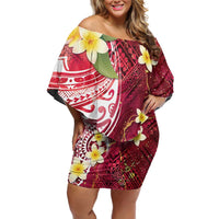 Polynesian Tribal Tattoo Family Matching Off Shoulder Short Dress and Hawaiian Shirt Plumeria Blood Red and Gold Marble Pattern LT9 Mom's Dress Red - Polynesian Pride