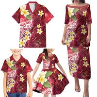 Polynesian Tribal Tattoo Family Matching Puletasi and Hawaiian Shirt Plumeria Blood Red and Gold Marble Pattern LT9 - Polynesian Pride