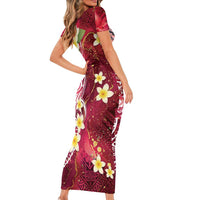 Polynesian Tribal Tattoo Family Matching Short Sleeve Bodycon Dress and Hawaiian Shirt Plumeria Blood Red and Gold Marble Pattern