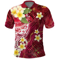 Polynesian Tribal Tattoo Polo Shirt Plumeria Blood Red and Gold Marble Pattern