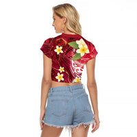 Polynesian Tribal Tattoo Raglan Cropped T Shirt Plumeria Blood Red and Gold Marble Pattern