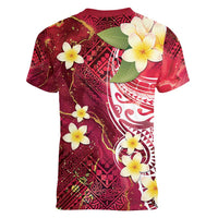 Polynesian Tribal Tattoo Women V-Neck T-Shirt Plumeria Blood Red and Gold Marble Pattern