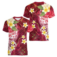 Polynesian Tribal Tattoo Women V-Neck T-Shirt Plumeria Blood Red and Gold Marble Pattern