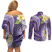 Polynesian Tribal Tattoo Couples Matching Off Shoulder Short Dress and Long Sleeve Button Shirt Plumeria Purple Marble Pattern