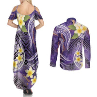 Polynesian Tribal Tattoo Couples Matching Summer Maxi Dress and Long Sleeve Button Shirt Plumeria Purple Marble Pattern