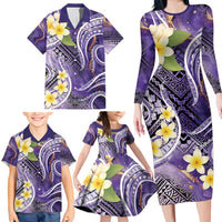 Polynesian Tribal Tattoo Family Matching Long Sleeve Bodycon Dress and Hawaiian Shirt Plumeria Purple Marble Pattern LT9 - Polynesian Pride