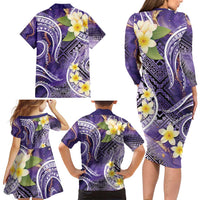 Polynesian Tribal Tattoo Family Matching Long Sleeve Bodycon Dress and Hawaiian Shirt Plumeria Purple Marble Pattern LT9 - Polynesian Pride