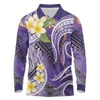 Polynesian Tribal Tattoo Long Sleeve Polo Shirt Plumeria Purple Marble Pattern