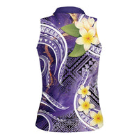 Polynesian Tribal Tattoo Women Sleeveless Polo Shirt Plumeria Purple Marble Pattern