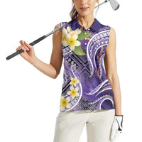 Polynesian Tribal Tattoo Women Sleeveless Polo Shirt Plumeria Purple Marble Pattern