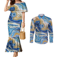 Polynesian Tribal Tattoo Couples Matching Mermaid Dress and Long Sleeve Button Shirt Swirling Ocean Marble Pattern