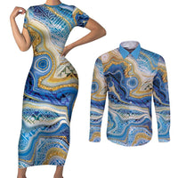 Polynesian Tribal Tattoo Couples Matching Short Sleeve Bodycon Dress and Long Sleeve Button Shirt Swirling Ocean Marble Pattern