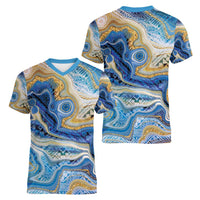 Polynesian Tribal Tattoo Women V-Neck T-Shirt Swirling Ocean Marble Pattern