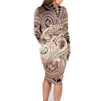 Personalised Aloha King Kamehameha Spirits Family Matching Long Sleeve Bodycon Dress and Hawaiian Shirt Beige Special LT9 - Polynesian Pride