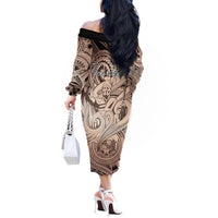 Personalised Aloha King Kamehameha Spirits Off The Shoulder Long Sleeve Dress Beige Special LT9 - Polynesian Pride