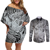 Personalised Aloha King Kamehameha Spirits Couples Matching Off Shoulder Short Dress and Long Sleeve Button Shirt Grey Special LT9 Grey - Polynesian Pride