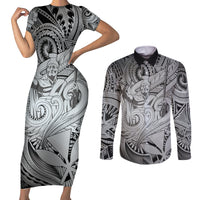 Personalised Aloha King Kamehameha Spirits Couples Matching Short Sleeve Bodycon Dress and Long Sleeve Button Shirt Grey Special LT9 Grey - Polynesian Pride