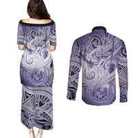 Personalised Aloha King Kamehameha Spirits Couples Matching Puletasi and Long Sleeve Button Shirt Violet Special LT9 - Polynesian Pride