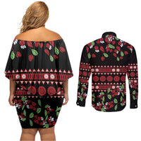 Fiji Masi Bula Tagimoucia Flowers Couples Matching Off Shoulder Short Dress and Long Sleeve Button Shirt
