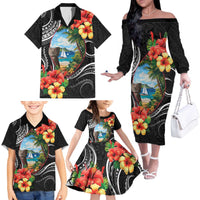Hafa Adai Guam Family Matching Off The Shoulder Long Sleeve Dress and Hawaiian Shirt Guahan Seal Chamorro Stones Tribal