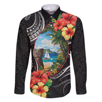 Hafa Adai Guam Family Matching Off Shoulder Maxi Dress and Hawaiian Shirt Guahan Seal Chamorro Stones Tribal LT9 Dad's Shirt - Long Sleeve Black - Polynesian Pride