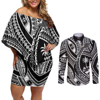 Hafa Adai Guam Inspired Tattoo Couples Matching Off Shoulder Short Dress and Long Sleeve Button Shirt