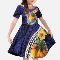 Hafa Adai Guam Seal Latte Stones Artwork Family Matching Mermaid Dress and Hawaiian Shirt LT9 Daughter's Dress Blue - Polynesian Pride