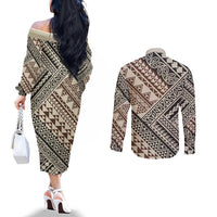 Niho Taniwha Kowhaiwhai Couples Matching Off The Shoulder Long Sleeve Dress and Long Sleeve Button Shirt