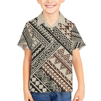 Niho Taniwha Kowhaiwhai Family Matching Short Sleeve Bodycon Dress and Hawaiian Shirt LT9 Son's Shirt Beige - Polynesian Pride