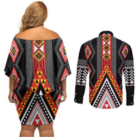 Niho Taniwha Taniko Motif Couples Matching Off Shoulder Short Dress and Long Sleeve Button Shirt