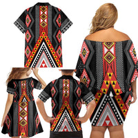 Niho Taniwha Taniko Motif Family Matching Off Shoulder Short Dress and Hawaiian Shirt