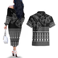 Black Taniko Kowhaiwhai Tukutuku Motif Couples Matching Off The Shoulder Long Sleeve Dress and Hawaiian Shirt LT9 - Polynesian Pride