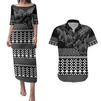 Black Taniko Kowhaiwhai Tukutuku Motif Couples Matching Puletasi and Hawaiian Shirt
