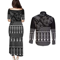 Black Taniko Kowhaiwhai Tukutuku Motif Couples Matching Puletasi and Long Sleeve Button Shirt