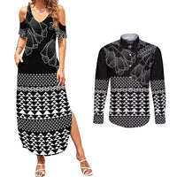 Black Taniko Kowhaiwhai Tukutuku Motif Couples Matching Summer Maxi Dress and Long Sleeve Button Shirt